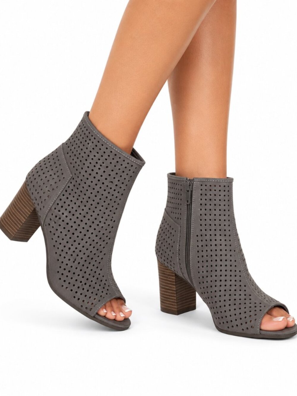 Breckelles Amber 32 Peep Toe Booties Women's 11 Gray Beige Chunky‎ Heel Chic